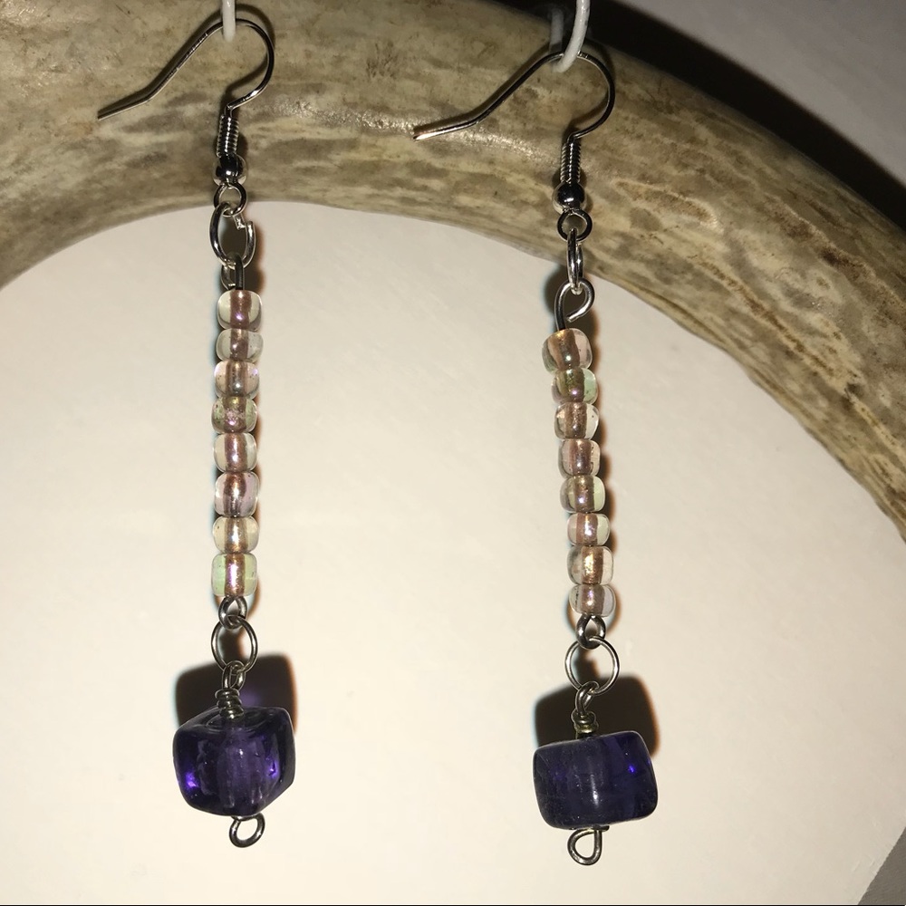 Purple and iridescent glass bead dangle earrings